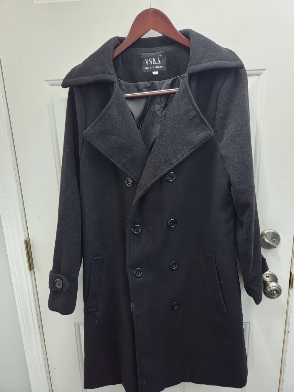 Black Double-Breasted Wool Blend Coat